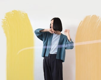 Chaqueta tipo kimono de lino azul lago nublado, Top de primavera verano otoño hecho a mano, Top de hombros caídos de gran tamaño, Listo para enviar