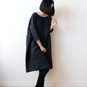 Black textured linen dress, Spring Autumn Winter linen dress, Oversized drop shoulder basic smock dress, ready to ship