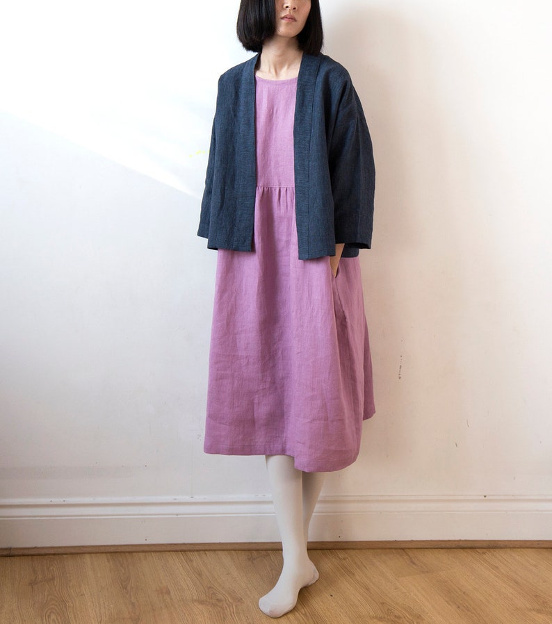 Navy glen check linen kimono jacket, Handmade Spring Summer Autumn top, Oversized drop shoulder top, Ready to ship image 6