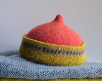 Mustard yellow patterned edge and red top wool hat, handmade winter woolen hat