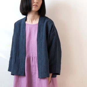 Navy glen check linen kimono jacket, Handmade Spring Summer Autumn top, Oversized drop shoulder top, Ready to ship image 1