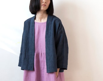 Chaqueta de kimono de lino a cuadros de caña azul marino, top de otoño verano primavera hecho a mano, top de hombro caído de gran tamaño, listo para enviar