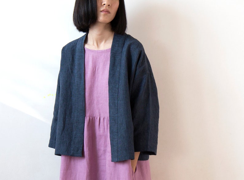 Navy glen check linen kimono jacket, Handmade Spring Summer Autumn top, Oversized drop shoulder top, Ready to ship image 1