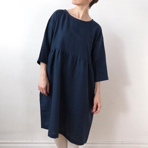 Midnight blue linen dress, knee length, drop shoulder basic smock dress, ready to ship image 2