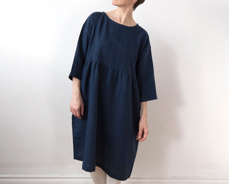 Midnight blue linen dress, knee length, drop shoulder basic smock dress, ready to ship image 2