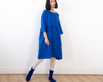 French blue linen dress, knee length, Spring Summer Autumn Winter linen dress, Drop shoulder basic dress, ready to ship