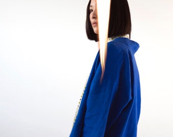 Chaqueta kimono de lino azul francés, hecha a mano para primavera, verano y otoño, con hombros caídos de gran tamaño, lista para enviar.