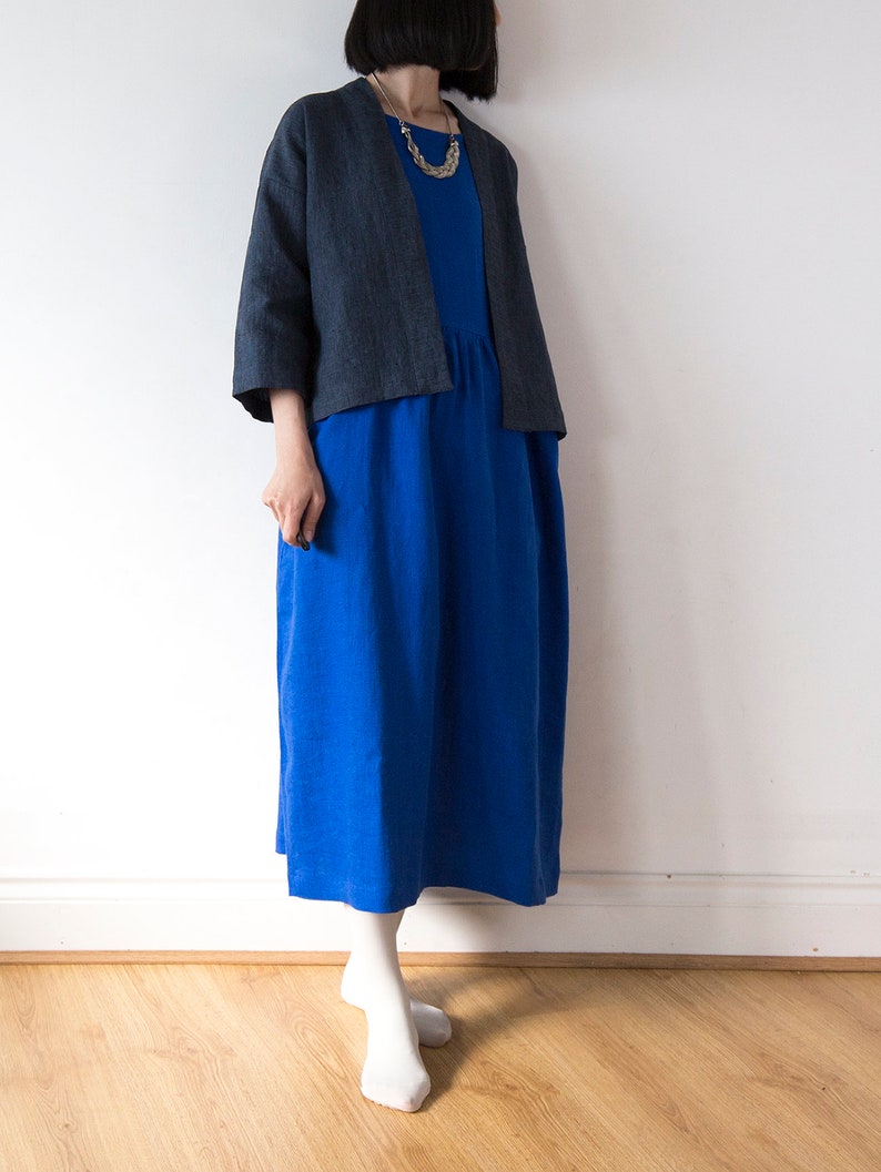 French blue linen dress, Spring Summer Autumn Winter linen dress, Ready to ship, Oversized drop shoulder basic dress image 4