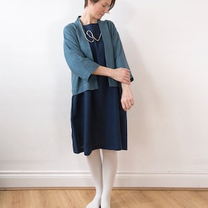 Midnight blue linen dress, knee length, drop shoulder basic smock dress, ready to ship image 6