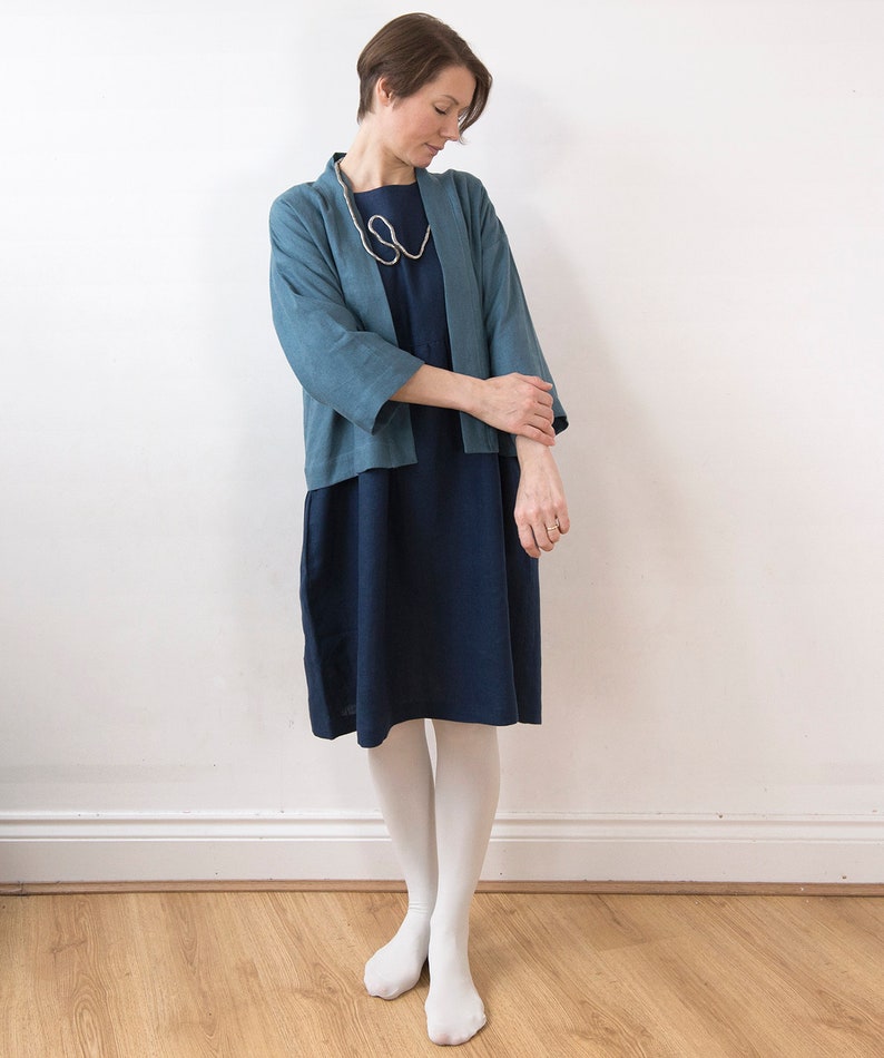 Midnight blue linen dress, knee length, drop shoulder basic smock dress, ready to ship image 6