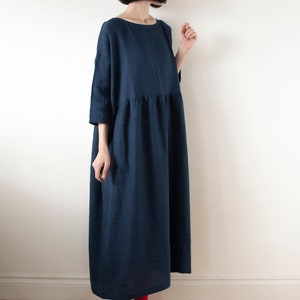 Midnight blue linen dress, Spring Summer Autumn Winter linen dress, Ready to ship, Oversized drop shoulder basic smock dress