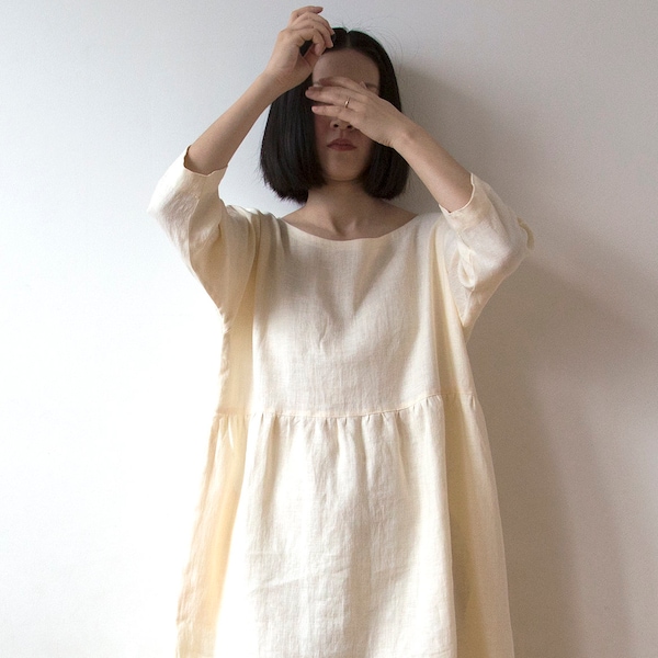 Vanilla cream white linen dress, Spring Summer Autumn linen dress, Oversized drop shoulder basic smock dress, ready to ship