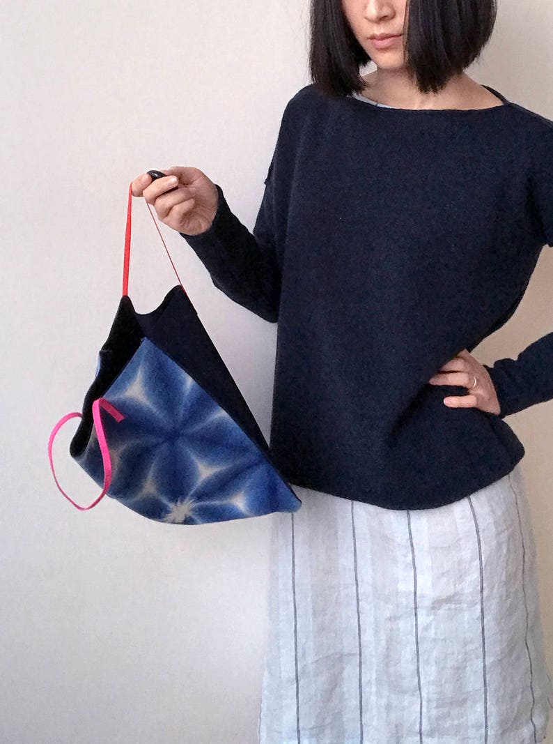 Handmade geometric pattern Japanese vintage fabric bag Shibori dye canvas bag Small cotton bag