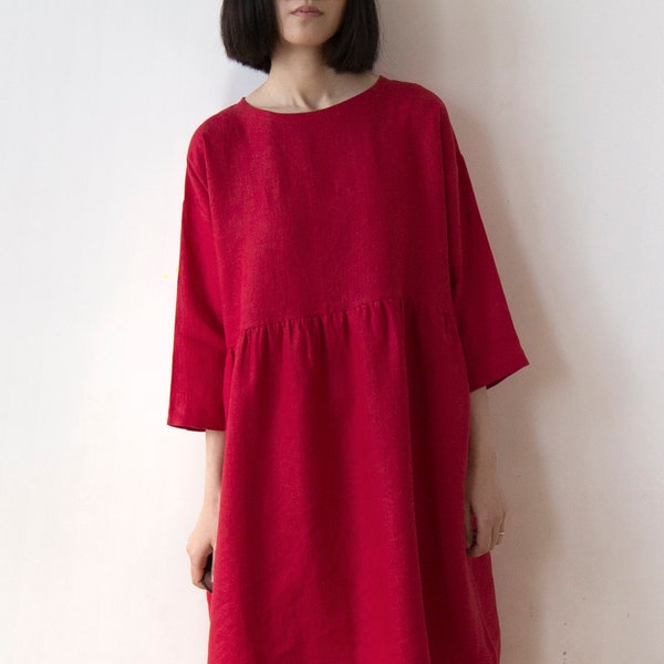 Festive red linen dress, Knee length, Spring Summer Autumn Winter linen dress, Drop shoulder basic smock dress, ready to ship