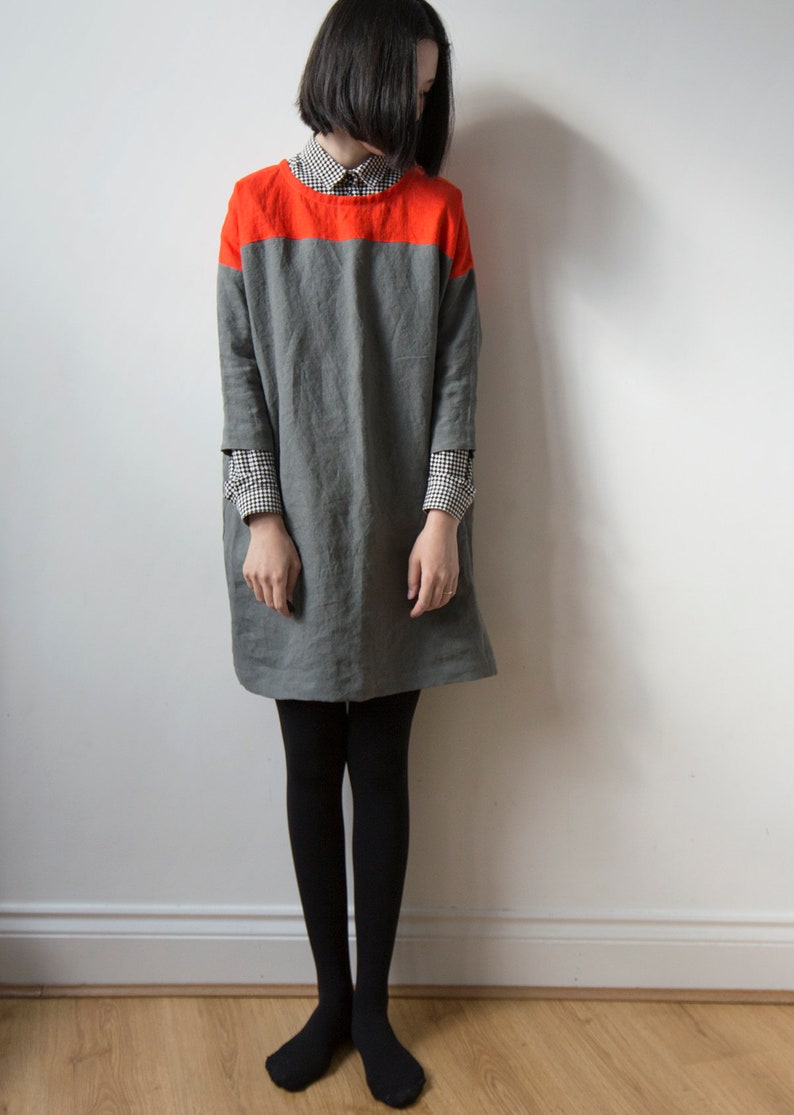 Vibrant scarlet red and muted dark olive grey linen dress Etsy