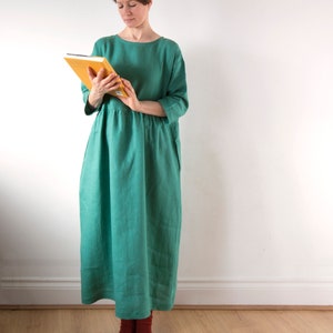 Jade green linen dress, Spring Summer Autumn Winter linen dress, Ready to ship, Oversized drop shoulder basic smock dress image 2