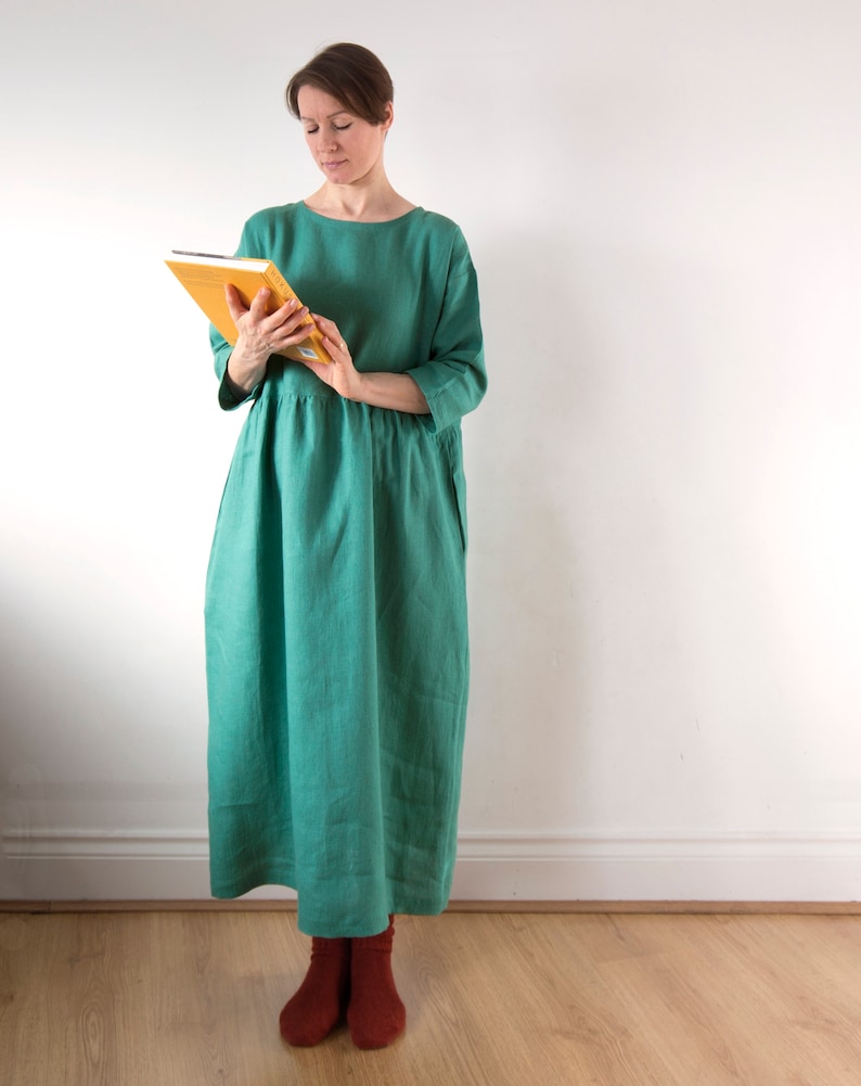 Jade green linen dress, Spring Summer Autumn Winter linen dress, Ready to ship, Oversized drop shoulder basic smock dress image 2