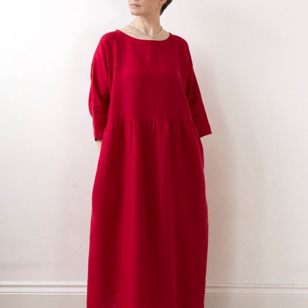 Festive red linen dress, lower calf length, ready to ship, oversized drop shoulder basic smock dress