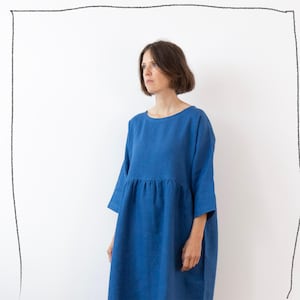 Oceaanblauwe linnen jurk, lente zomer herfst winter linnen jurk, basic smockjurk met verlaagde schouders, klaar om te verzenden