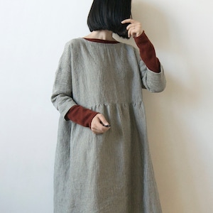 Fine stripe gray linen dress, Spring Summer Autumn Winter linen dress, Drop shoulder basic smock dress, ready to ship image 3