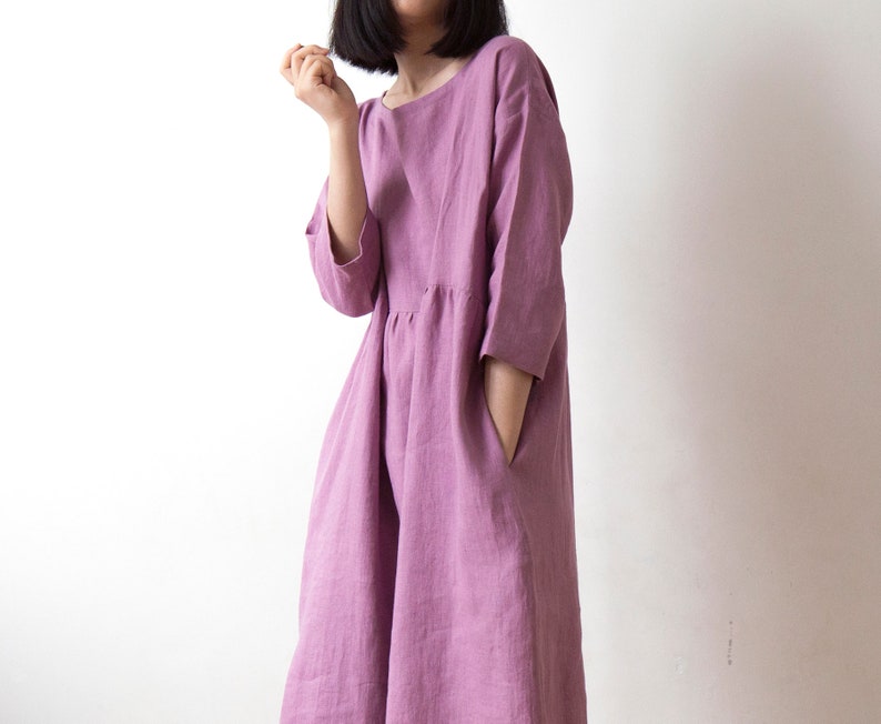 Wild orchid pink linen dress, Spring Summer Autumn Winter linen dress, Ready to ship, Oversized drop shoulder basic smock dress image 2