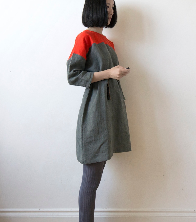 Vibrant scarlet red and muted dark olive grey linen dress Etsy