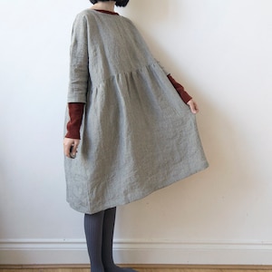 Fine stripe gray linen dress, Spring Summer Autumn Winter linen dress, Drop shoulder basic smock dress, ready to ship image 2