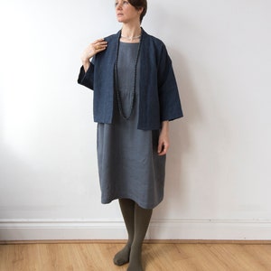 Navy glen check linen kimono jacket, Handmade Spring Summer Autumn top, Oversized drop shoulder top, Ready to ship image 3