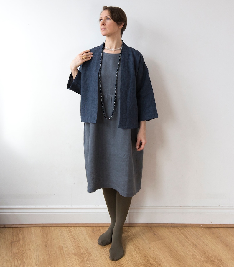 Navy glen check linen kimono jacket, Handmade Spring Summer Autumn top, Oversized drop shoulder top, Ready to ship image 3