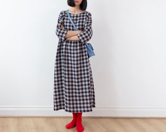 Indigo blue gingham linen dress, lower calf length, oversized drop shoulder basic smock dress