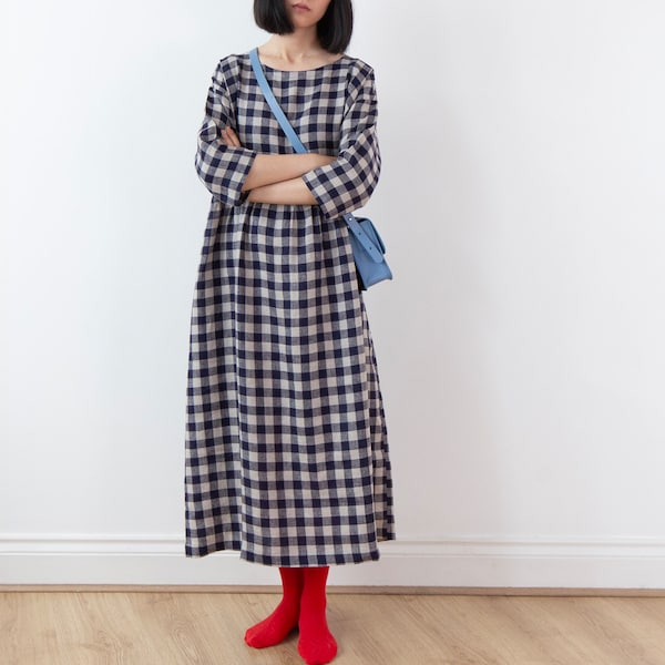 Indigo blue gingham linen dress, lower calf length, oversized drop shoulder basic smock dress