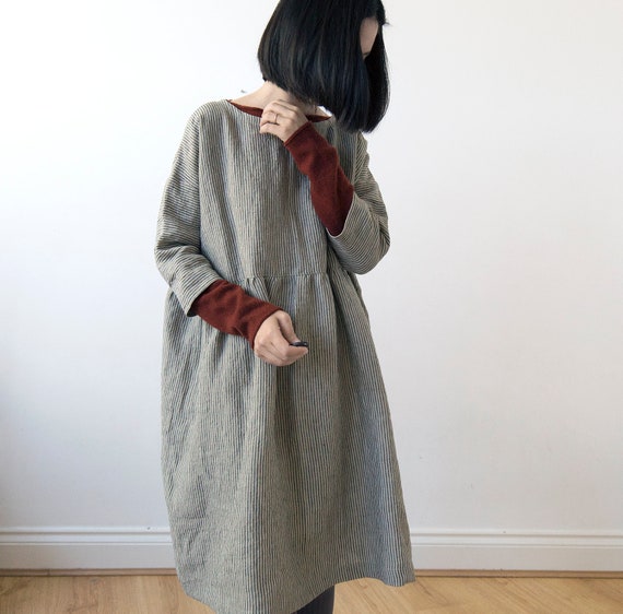 empire waist linen dress L / Weekend Beige