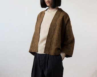 Chaqueta tipo kimono de lino con cuadros escoceses en color bronce dorado, blusa hecha a mano para primavera, verano y otoño, blusa de hombros caídos de gran tamaño, lista para enviar