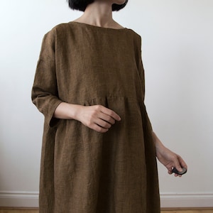 Golden bronze glen check linen dress, Spring Summer Autumn Winter linen dress, basic smock dress, ready to ship image 5