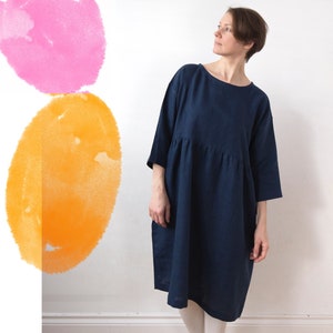 Midnight blue linen dress, knee length, drop shoulder basic smock dress, ready to ship