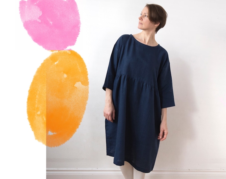 Midnight blue linen dress, knee length, drop shoulder basic smock dress, ready to ship image 1