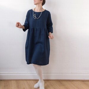 Midnight blue linen dress, knee length, drop shoulder basic smock dress, ready to ship image 3