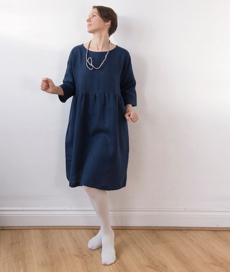 Midnight blue linen dress, knee length, drop shoulder basic smock dress, ready to ship image 3