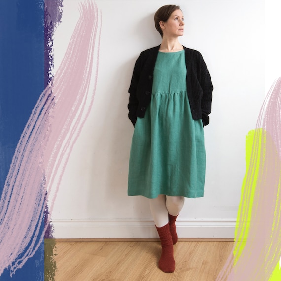 Jade Green Linen Dress, Knee Length, Spring Summer Autumn Winter Linen Dress,  Drop Shoulder Basic Smock Dress, Ready to Ship - Etsy