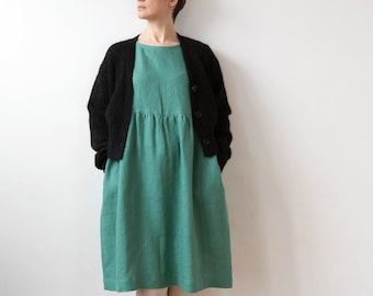 Jade green linen dress, Knee length, Spring Summer Autumn Winter linen dress, Drop shoulder basic smock dress, ready to ship