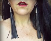 Black Faux Leather Long Tassel Earrings- Vegan Steampunk Gothic Goth Punk Bohemian Gypsy Rocker Rock n Roll
