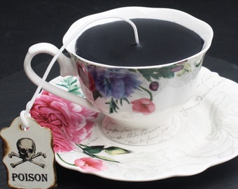 Victorian Tea Cup Candle | Gothic Black | Vintage Floral Script Cup & Saucer | Red Currant Scented | Alice in Wonderland | Poison Skull Tag