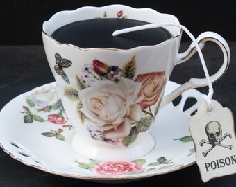 Neutral Floral Victorian Gothic Black Tea Cup Candle | Cup & Saucer | Apple Clover Scented | Poison Skull Tea Tag | Goth Home Decor | Spring