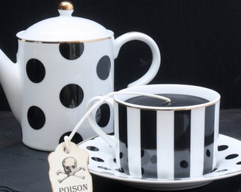 Tea Pot Candle Combo | Black White Stripe Gothic Black Tea Cup Candle | Polka Dot Tea Pot | Poison Skull Tag | Goth Home Decor | Tim Burton