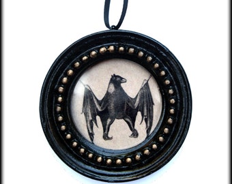 Gothic Ornament | Halloween | Christmas | Vampire Bat | Hexmas Curiosity | Goth Xmas Decorations | Creepy Holiday | Framed Vintage Image