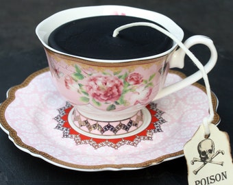 Victorian Gothic Black Tea Cup Candle | Pink Floral Garden Pattern Cup & Saucer | Black Raspberry Vanilla Scent | Poison Skull Tea Tag