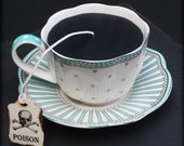 Turquoise White Dots and Stripes | Victorian Gothic Black Tea Cup & Saucer Candle | Apple Clover Scent | Poison Skull Tea Tag | Wonderland