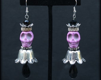 Crowned Skull Queen Drop Earrings | Purple Skulls Silver Finish Jet Black Teardrop Bead | Gothic Jewelry | Pastel Goth | Voodoo