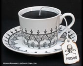 Victorian Gothic Architecture Black Tea Cup Candle | Black White Cup & Saucer | Tobacco Vanilla Scented | Poison Tea Tag | Goth Home Decor