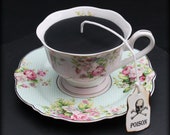 Victorian Gothic Black Tea Cup Candle | Pink Mint Gingham Floral Pattern Cup & Saucer | Grapefruit Scent | Poison Skull Tea Tag | Wonderland